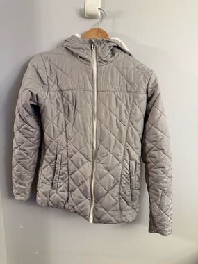 Columbia Quilted Hooded Jacket Beige Taupe Faux Fur Lined Small